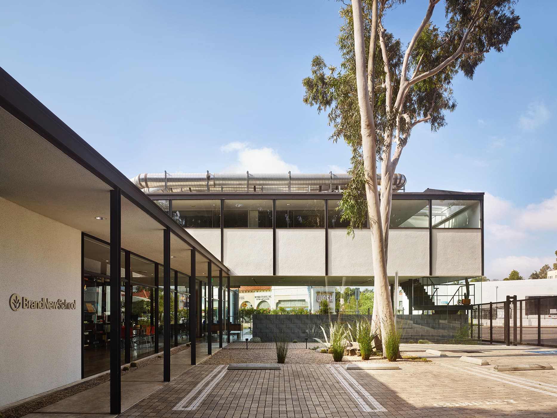 Exterior view of the BNS office LA featuring a eucalyptus tree and a midcentury modern building with an overhang with a glassroom below.